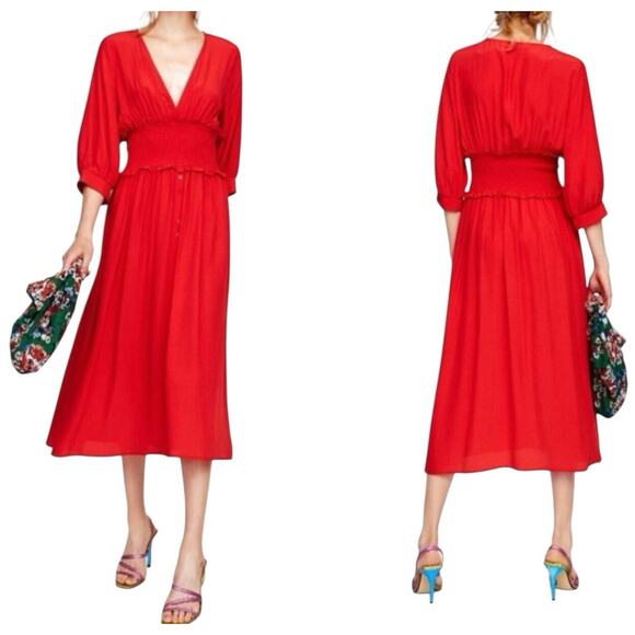 Zara Cherry Red Chiffon Blouson Midi Dress SIZE SMALL Button Front Deep V Retro - Picture 1 of 10